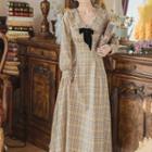 Set: Long-sleeve Plaid Collared Maxi A-line Dress + Bow Tie