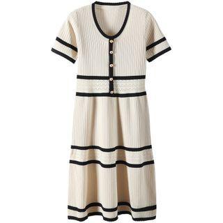 Short-sleeve Knit A-line Dress Almond - One Size