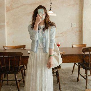Round-neck Melange Cardigan Sky Blue - One Size