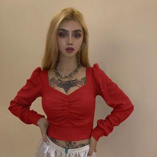 Shirred-front Long-sleeve Cropped T-shirt