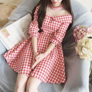 Gingham 3/4 Sleeve Off Shoulder A-line Dress