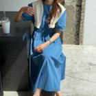 Puff Sleeve Denim Midi Dress Blue - One Size