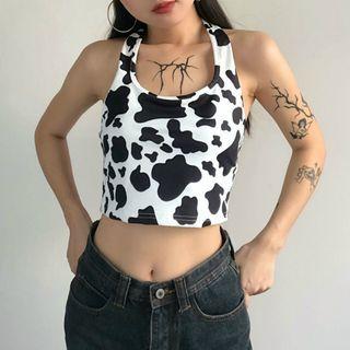 Milk Cow Print Halter Tank Top