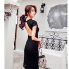 Short-sleeve Open-back Knit Sheath Dress