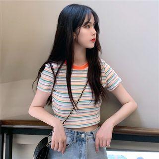 Striped Slim-fit Short Sleeve Top As Shown In Figure - One Size