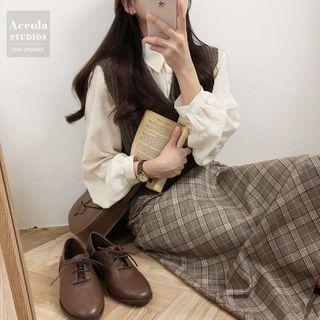 Plain Shirt / V-neck Knit Vest / Plaid A-line Skirt / Set