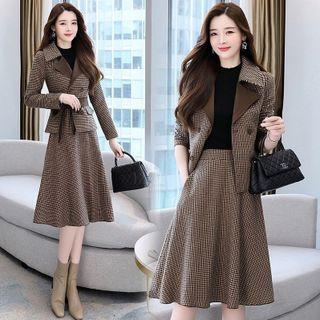 Set: Double-breasted Plaid Blazer + Midi A-line Skirt