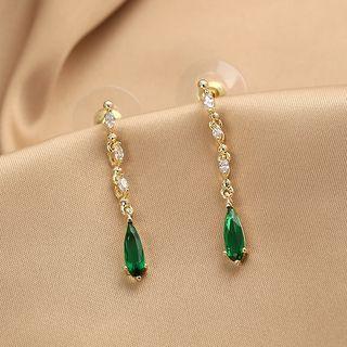 Rhinestone Drop Earring 1 Pair - Silver Rhinestone & Gold Trim - Green - One Size
