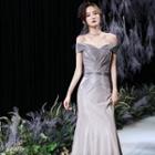 Cap-sleeve Tailed Sheath Evening Gown