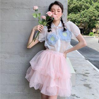 Short-sleeve Flower Mesh Shirt / Layered Mini A-line Skirt