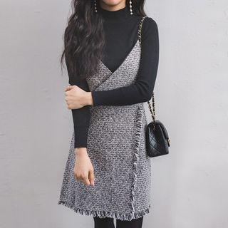 Set: Mock-neck Knit Top + Spaghetti-strap Tweed Minidress Black - One Size