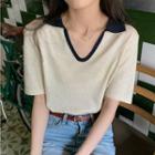 V-neck Color-block Short-sleeve Knit Top