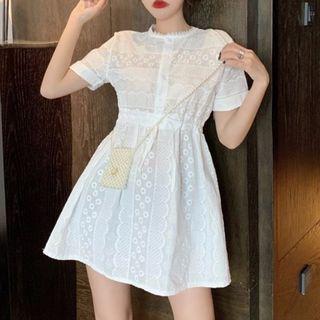 Short-sleeve Crochet Lace Dress White - One Size