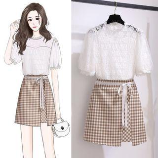 Elbow-sleeve Lace Top / Gingham Mini A-line Skirt / Set