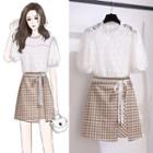 Elbow-sleeve Lace Top / Gingham Mini A-line Skirt / Set