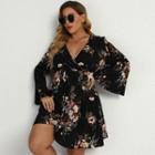 Plus Size Long-sleeve V-neck Floral A-line Dress