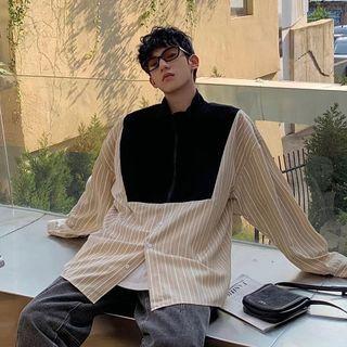 Striped Panel Shirt Jacket / Plain Shirt
