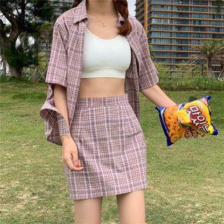 Short-sleeve Plaid Tie-neck Top / Plaid Mini Skirt