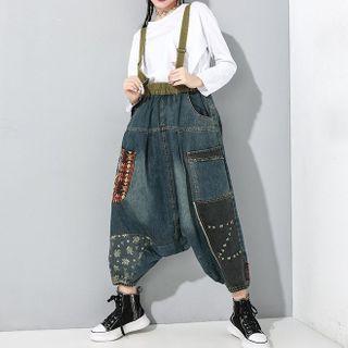 Washed Harem Jeans With Suspender Blue - One Size
