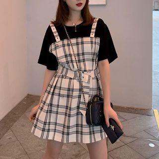Mock Two-piece Short-sleeve Mini Plaid Dress