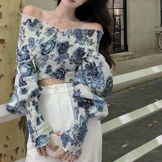 Floral Print Off-shoulder Blouse Floral - Blue - One Size