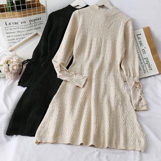 Lace Up-cuff Mock-neck Knit Dress