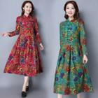 Floral Print Linen Cotton Stand-collar Dress