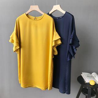 Ruffle-sleeve Open-back Plain T-shirt Dress