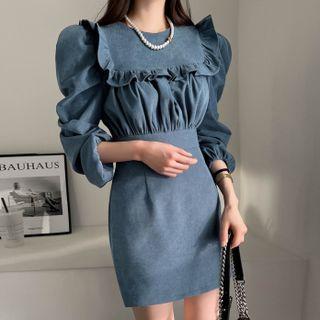 Puff-sleeve Frill-trim Shirred Minidress