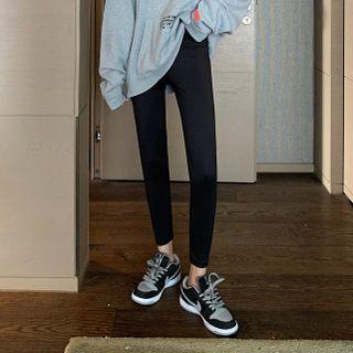 Plain High-waist Fleece-lined Leggings With Lining - Black - One Size