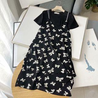 Set : Short-sleeve Plain T-shirt + Bow Spaghetti-strap Dress