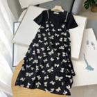 Set : Short-sleeve Plain T-shirt + Bow Spaghetti-strap Dress