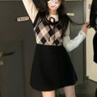 Argyle V-neck Knit Tank Dress / Lapel Long-sleeve Shirt