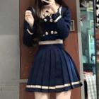 Sailor-collar Double Breasted Blouse / Pleated Mini Skirt