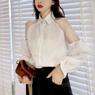 Mesh Panel Ruffled Flare-cuff Blouse