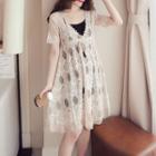 Set: Short-sleeve A-line Lace Dress + Slipdress