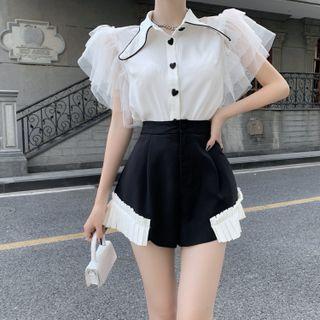 Mesh Panel Blouse / High-waist Two-tone Panel Shorts