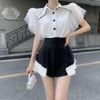 Mesh Panel Blouse / High-waist Two-tone Panel Shorts