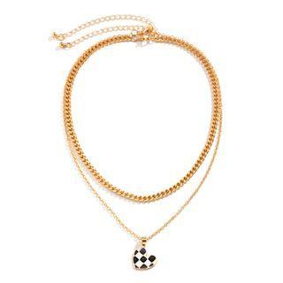 Set Of 3: Heart Checker Pendant Alloy Necklace + Choker Gold - One Size