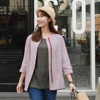 Linen Blend Houndstooth Zip-up Jacket