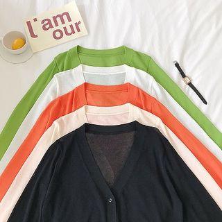 Plain V-neck Single-breasted Knit Long-sleeve Light Jacket