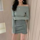 Long-sleeve Off-shoulder Top / Fitted Irregular Mini Skirt