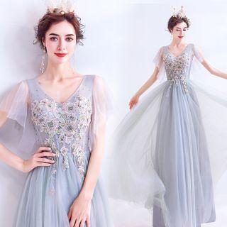 Flower Embroidered Beaded A-line Mesh Evening Gown