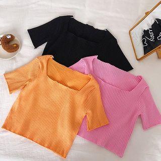 Plain Square-neck Slim-fit Short-sleeve Knit Top