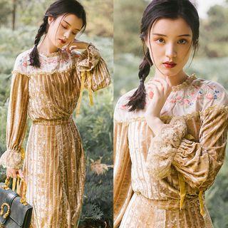 Set: Long-sleeve Embroidered Lace Panel Velvet Top + Midi A-line Skirt