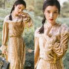 Set: Long-sleeve Embroidered Lace Panel Velvet Top + Midi A-line Skirt