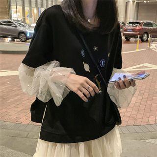 Mock Two-piece Pullover / Mesh Midi Layered Skirt