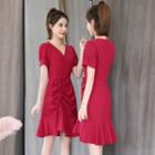 Drawstring-front Short-sleeve Mini A-line Dress