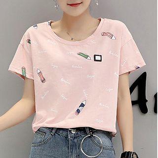 Short Sleeve Pencil Print T-shirt