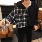 Mock Two-piece Plaid Panel Hoodie Plaid - Black & White - One Size